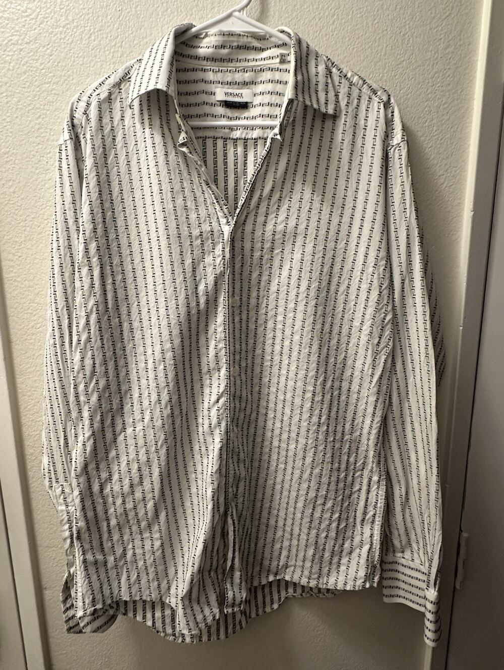 Versace Y2K Collection Men White Black Geometric Cotton Slim Shirt 16.5 Sz Large